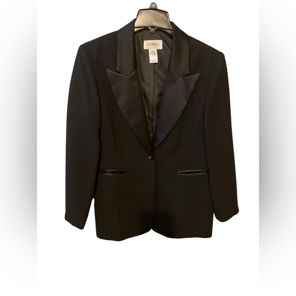 Studio I Black Satin Collared Tuxedo Blazer Jacke… - image 1